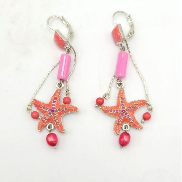 Starfish dangle earrings, pierced, pink orange - Picture 2 of 4